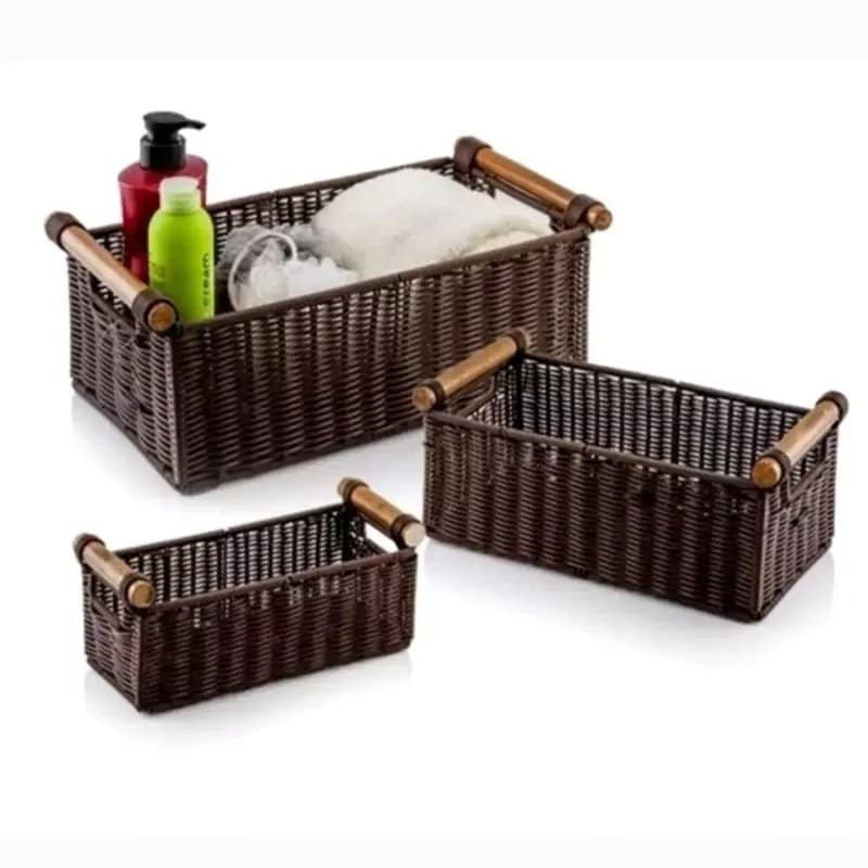 تصویر 4 از ست سبد حصیری دسته چوبی مناسب نظم دهی منزل